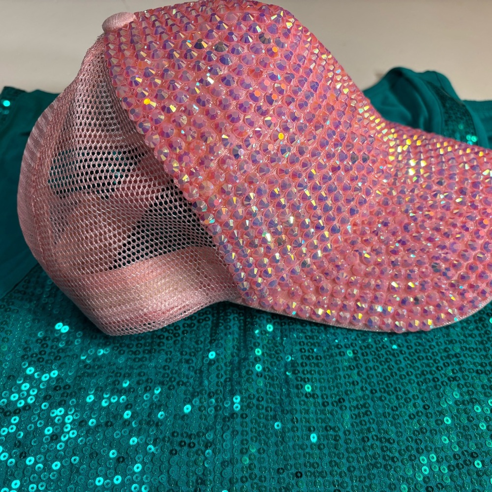 Sparkly Pink Rhinestone Bedazzled Beaded Baseball Hat Cap - Picture 5 of 9